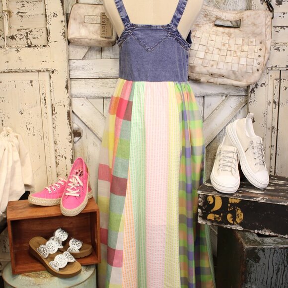 Davi & Dani Overalls Dress Colorful Plaid Denim Maxi Dress - Picture 2 of 5